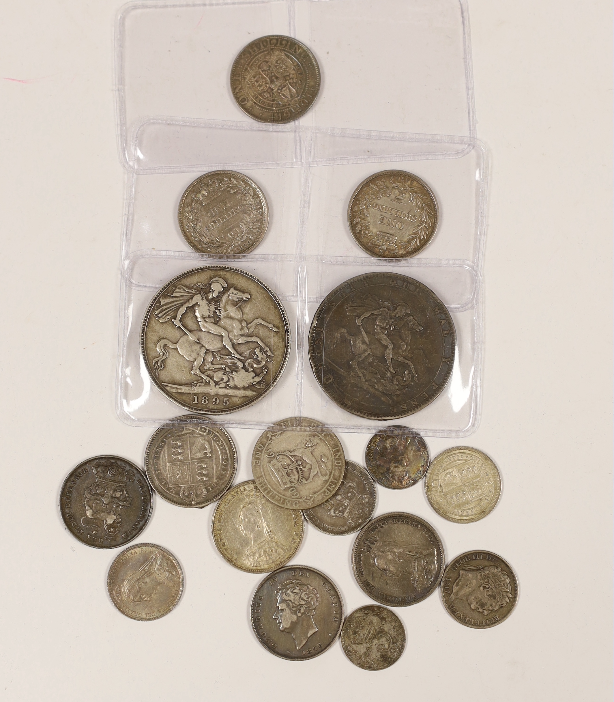 British silver coins, George III to George V, including a William IV shilling 1834, VF, various Victoria shillings 1870, VF, 1901 good VF etc. two crowns, 1819 and 1895, and mixed George III and later silver